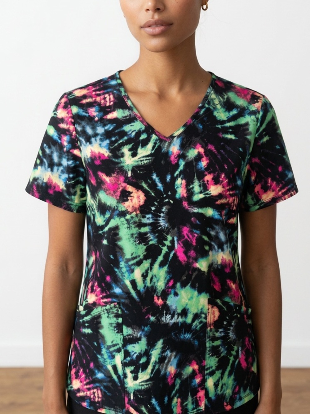 Scrubstar Women's V-Neck Tie-Dye Top - Black Multi